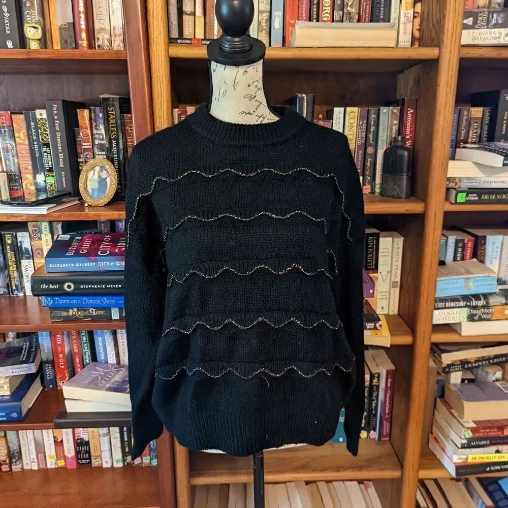 MUSTARD seed black crew neck ruffle iridescent hem sweater sz s nwt
